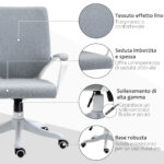 Sedia da Ufficio Ergonomica con Altezza Regolabile, Sedia Scrivania Imbottita Girevole 360° e Funzione Dondolo, in Tessuto effetto Lino Traspirante, per Studio, Grigio - immagine 6