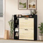 Scarpiera Slim con 2 Cassetti Ribaltabili e 3 Vani Aperti, Capacità 15 Scarpe, 83x24x90,5 cm, Nero - immagine 8