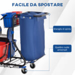 Carrello Pulizie con Sacco per Immondizia, 4 Secchi e Strizzatore per Mocio, 93x80x97 cm, Rosso Blu e Nero - immagine 5