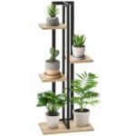 Portapiante a 4 Ripiani dallo Stile Industriale in Legno di Abete e Metallo, 45x25x110 cm, Nero e color Legno