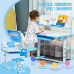 Banco Scuola per Bambini 6-12 Anni Regolabile con Luce LED, Leggio e Portapenne, in MDF, PP e Acciaio, Azzurro - immagine 4