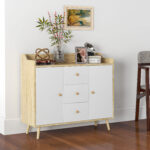 Credenza Moderna in Truciolato e Legno di Pino con 3 Cassetti e 2 Armadietti a 2 Livelli, 90x32x80A cm - immagine 2