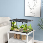 Terrario per Rettili Rialzato con Serratura e Termometro, in Vetro e Rete Metallica, 50x30x25 cm, Nero - immagine 2