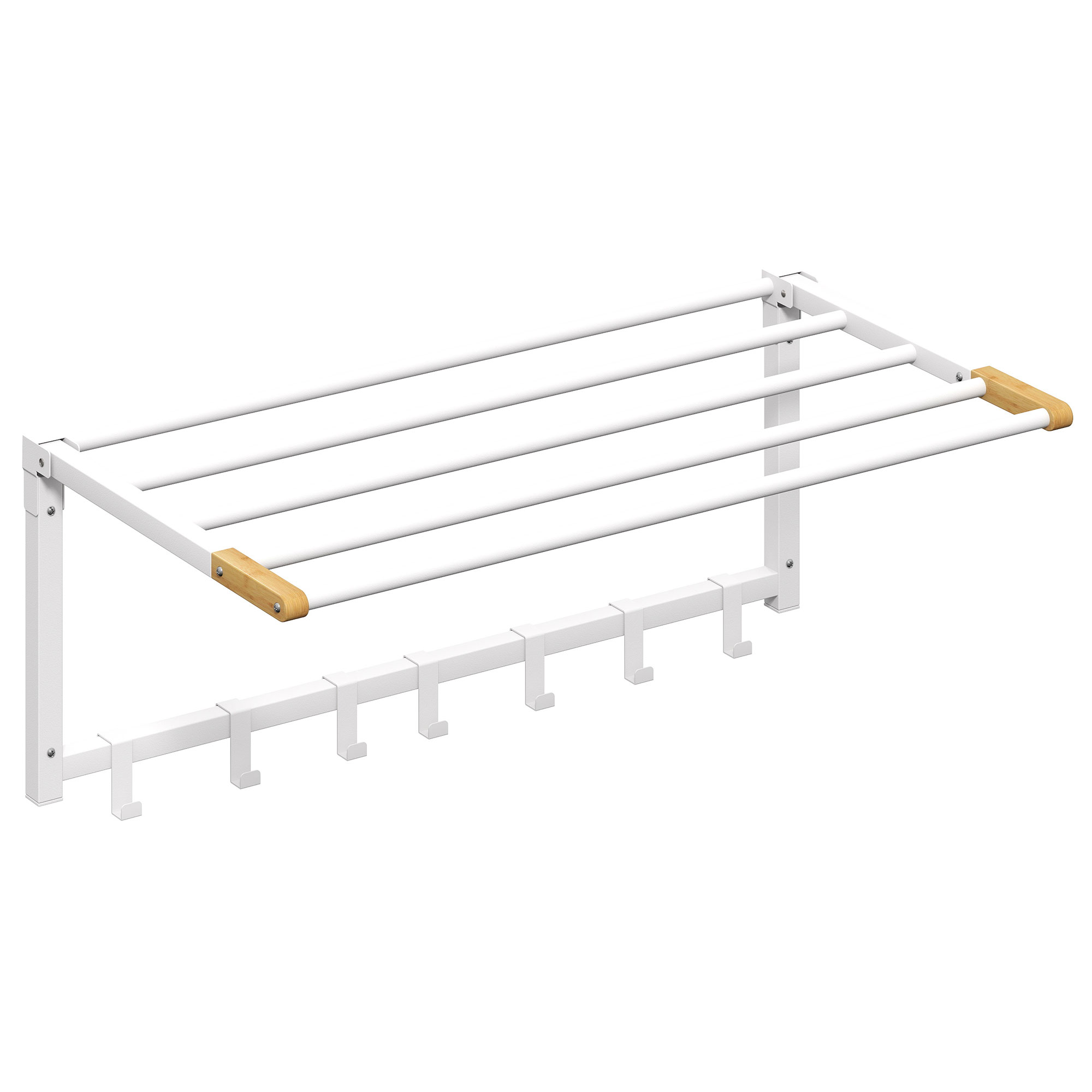 BwD36e19b1a2c69b3.jpg Portasciugamani a Parete Pieghevole con 5 Barre e 6 Ganci in Legno e Acciaio, 60x32,5x20 cm, Bianco - immagine 1