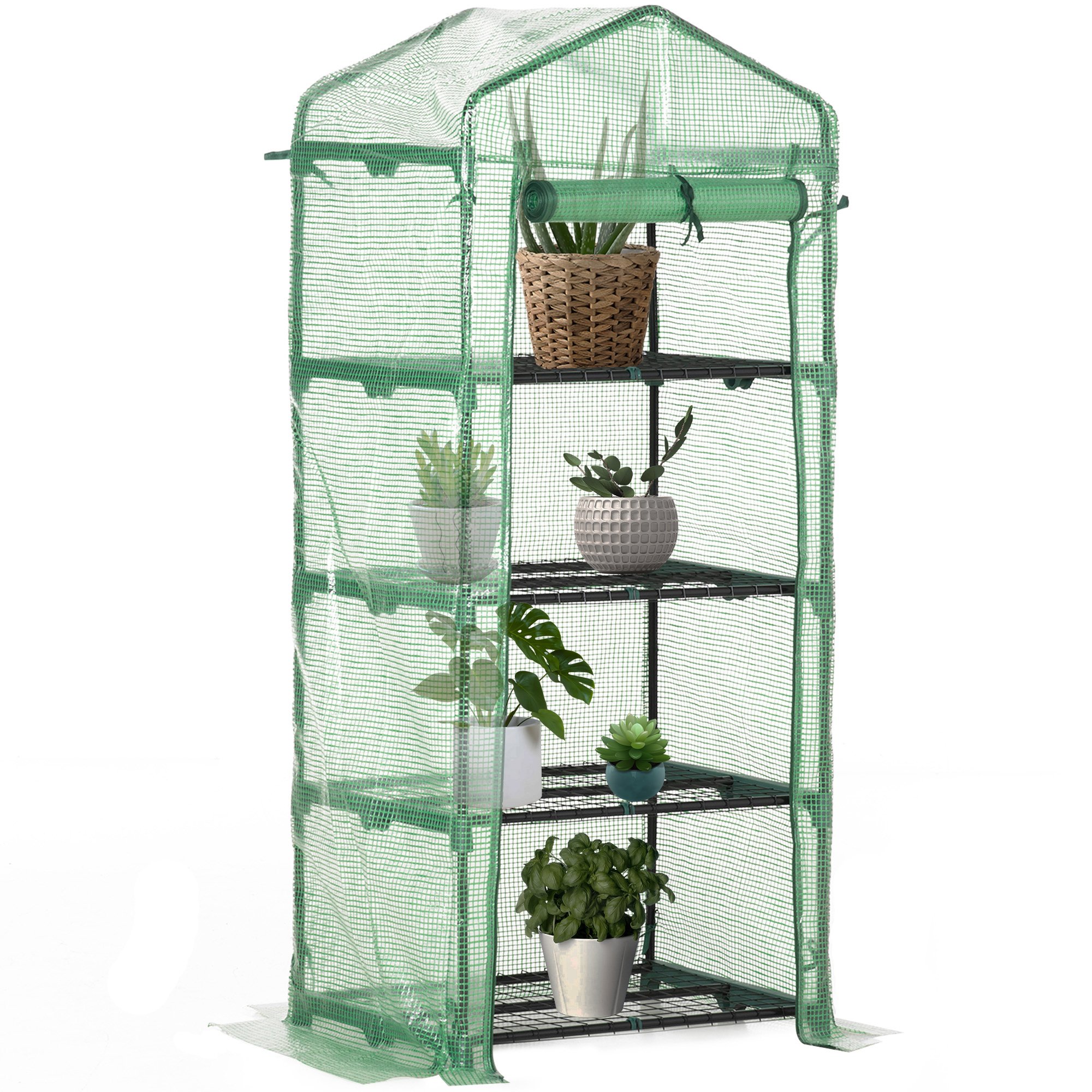 Cb538c196329146dd.jpg Serra per Piante Verticale con Scaffale a 4 Ripiani in Acciaio e PE Verde Scuro, 70x50x160cm - immagine 1