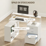 Scrivania Ufficio con 2 Tavoli, 4 Ripiani, 3 Cassetti e Supporto per Monitor, in Legno, 138,5x90x92 cm, Bianco - immagine 5