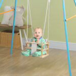 Altalena per Bambini 9-36 Mesi in Legno e Cotone con Corda Regolabile e Cuscino, 30x30x110-180 cm - immagine 2