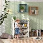 Scaffale Portagiochi a 4 Livelli con 9 Contenitori e Gancio Laterale, in HDPE, 77x42x94 cm, Bianco Crema - immagine 2