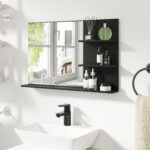 Specchio Bagno Moderno con 2 Ripiani Laterali e Ripiano Inferiore, in Legno e Vetro, 75x10x48 cm, Nero - immagine 7