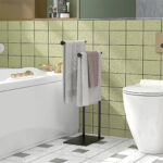 Porta Asciugamani Bagno da Terra Autoportante a 2 Bracci in Metallo, 35,5x20x78cm, Nero - immagine 2