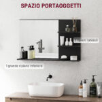 Specchio Bagno Moderno con 2 Ripiani Laterali e Ripiano Inferiore, in Legno e Vetro, 75x10x48 cm, Nero - immagine 4