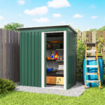 Capanno Attrezzi con Tetto Inclinato e Porta Scorrevole, in Acciaio Zincato, 163x89x182 cm, Verde - immagine 9