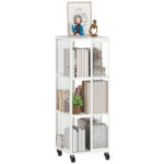 Libreria Moderna a 3 Ripiani in Metallo a Rete con Ruote, 35x35x99 cm, Bianco