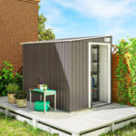 Capanno Attrezzi in Metallo 1,5x2m con Base, Porta Scorrevole e Tetto Inclinato, Grigio Chiaro - immagine 2