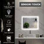 Specchio Bagno con Luce LED 3 Livelli Rettangolare, Antiappannamento e Interruttore Touch, 90x70cm - immagine 4