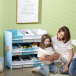 Mobiletto Portagiochi con 9 Cestini Rimovibili in MDF e Tessuto, 63x30x60cm, Azzurro - immagine 2