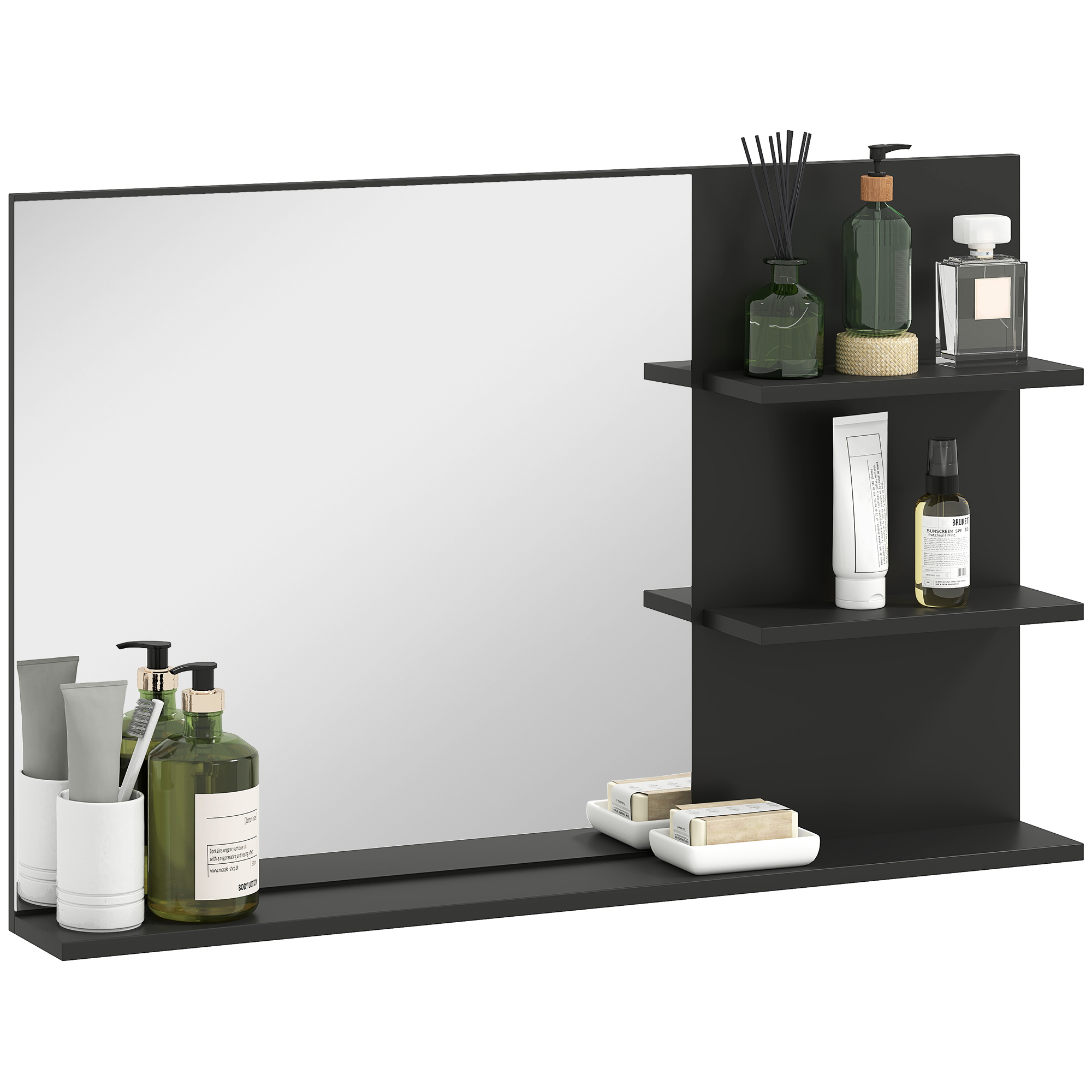 EdCdc719642447a59.jpg Specchio Bagno Moderno con 2 Ripiani Laterali e Ripiano Inferiore, in Legno e Vetro, 75x10x48 cm, Nero - immagine 1