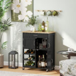 Carrello da Cucina in Legno con Portabottiglie, 3 Ante e Cassetto, 67x37x87 cm, Nero e Rovere - immagine 2
