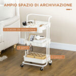 Carrello Cucina Multiuso a 3 Livelli con Cestini e Ganci Rimovibili, Ripiano con 12 Divisori, Bianco - immagine 4