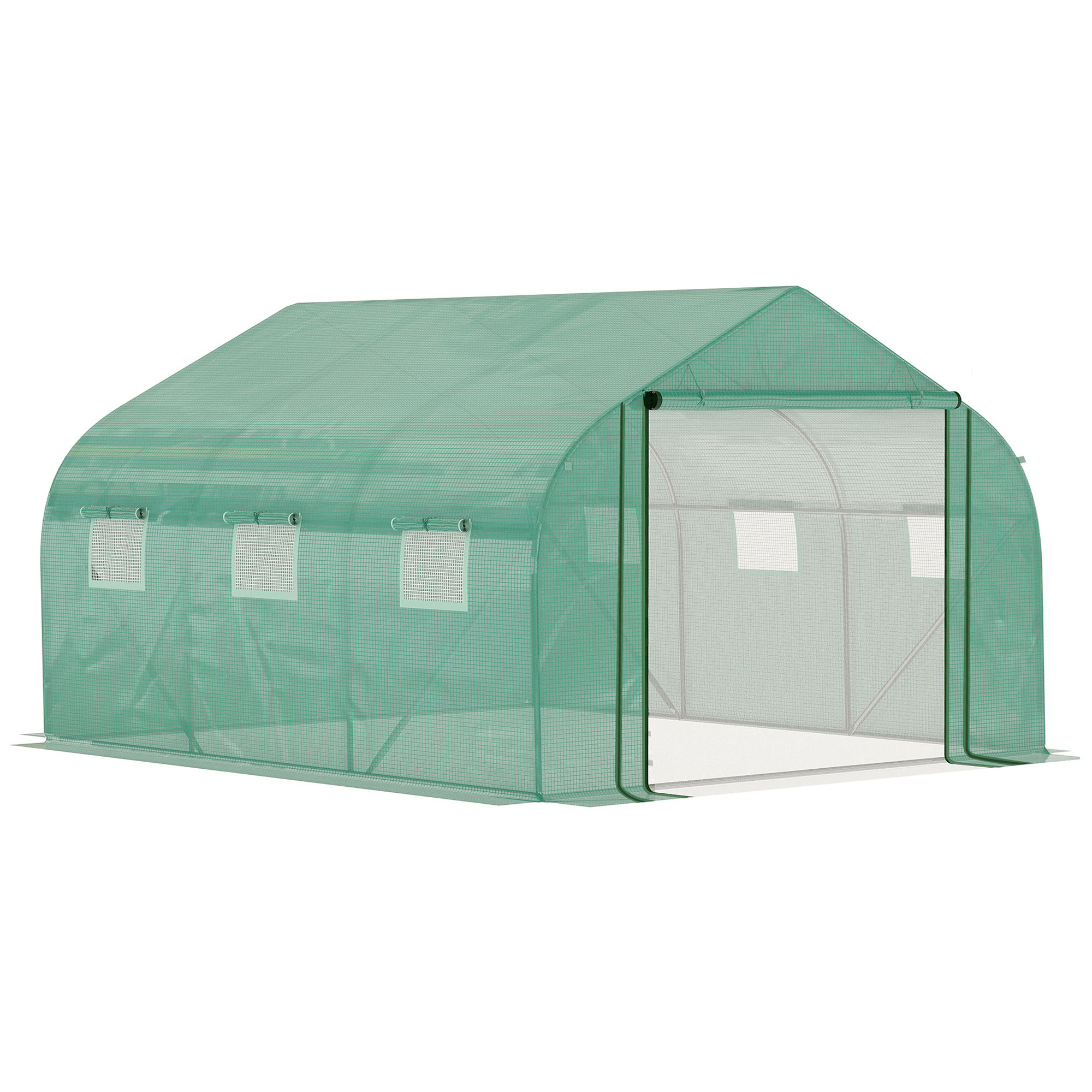F0898a18353ca5fb6.jpg Serra a Tunnel con Copertura PE e Struttura in Acciaio, Porta Avvolgibile e 6 Finestre, 3,5x3x2m, Verde - immagine 1
