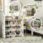 Scaffale Portagiochi a 4 Livelli con 9 Contenitori e Gancio Laterale, in HDPE, 77x42x94 cm, Bianco Crema - immagine 7