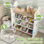 Scaffale Portagiochi a 4 Livelli con 9 Contenitori e Gancio Laterale, in HDPE, 77x42x94 cm, Bianco Crema - immagine 4