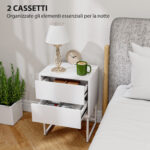 Comodino Moderno a 2 Cassetti con Apertura a Pressione, MDF e Acciaio, 40x30x50 cm, Bianco - immagine 4