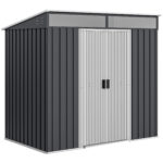 Casetta da Giardino Porta Attrezzi con 4 Finestre e 2 Ganci, in Acciaio Zincato, 195x122x181,5 cm, Grigio
