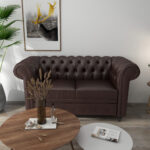 Divano 2 Posti stile Chesterfield con Cuscino Rimovibile, in Ecopelle, Legno e Metallo, 160x84x80 cm, Marrone - immagine 8