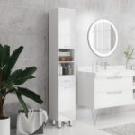 Colonna Bagno con Cassetto, 2 Ripiani Aperti e 2 Armadietti a 2 Livelli, in Legno, 30x30x180 cm, Bianco Lucido - immagine 2