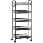 Carrello da Cucina Salvaspazio a 5 Livelli con Cestini a Rete in Acciaio, 45x26,5x106cm, Nero