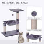Tiragraffi per Gatti Multilivello con Amaca e Pallina, Legno e Peluche, 50x36x70cm, Grigio - immagine 5