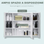 Armadietto Specchiera da Bagno con 3 Armadietti, 3 Ripiani e Luce LED, 90x15x65 cm, Bianco - immagine 4