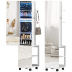 Armadio Portagioie con Specchiera Girevole a 360°, Luce LED Regolabile, Serratura e Ripiani, 37x40x165,5 cm, Nero
