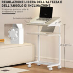Tavolino da Lavoro Regolabile con Piano Inclinabile e 4 Ruote, in Legno e Metallo, 55x36x62,5-82,5 cm, Bianco e Rovere - immagine 4