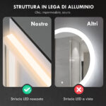 Specchio da Bagno Anticondensa con Luminosità e Colore Regolabili, in Vetro e Lega di Alluminio, 80x60x4 cm - immagine 7