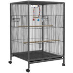 Gabbia per Uccelli in Acciaio e PP con 5 Porte, 2 Posatoi e Vassoio Estraibile, 48x46x78 cm, Grigio