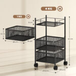 Carrello Cucina a 3 Livelli con Cestini in Metallo Girevoli, Ruote e Freno, 27,5x27,5x62 cm, Nero - immagine 3
