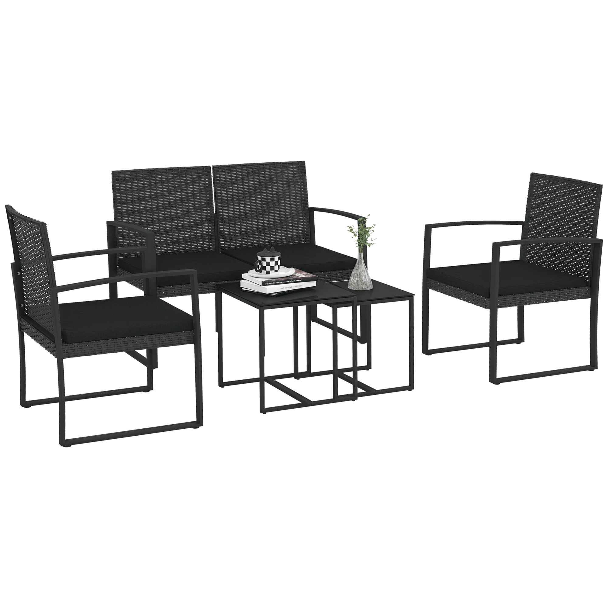HBF2311980bef2596.jpg Set da Giardino con 2 Sedie, Divanetto e 2 Tavolini con Cuscini e Piano in Vetro, Nero - immagine 1