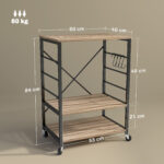 Scaffale da Cucina a 3 Livelli Stile Industriale con Ruote e 4 Ganci, Struttura in Acciaio, 60x40x84 cm, Teak - immagine 3