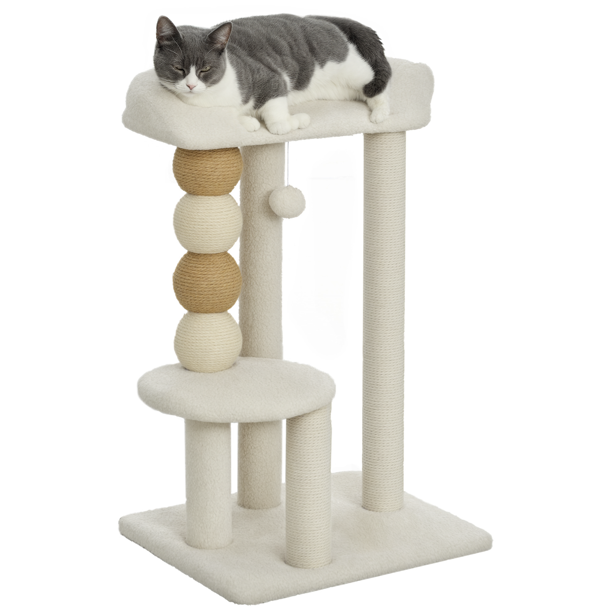 Hgnee319812cc4be9.png Torre per Gatti con Lettino, Piattaforma e Pallina Giocattolo, in Legno, Peluche e Iuta, 48,5x40x76 cm, Beige - immagine 1
