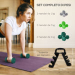 Set 6 Manubri Pesi (2x1 kg, 2x2 kg, 2x3 kg) da 12 kg con Supporto/Kettlebell, in Metallo e Plastica Multicolore - immagine 4