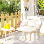 Poltrona Sospesa in Stile Boho con Cuscino, in Acciaio, Cotone e Poliestere, 80x60x40 cm, Bianco Crema - immagine 9