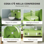 Gabbia per Criceti a 2 Livelli e 3 Porte con Ruota e Tubi, in Acciaio, PS e PP, 44,5x28x44 cm, Verde e Bianco - immagine 5