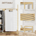 Cesto Portabiancheria con 2 Borse Estraibili, Maniglie e Ripiano in Bambù, 70x36x70 cm, Bianco - immagine 6