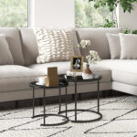 Set 2 Tavolini da Salotto Sovrapponibili Rotondi con Vassoio Rimovibile in Acciaio, Nero - immagine 2