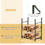 Portalegna da Interno ed Esterno Rialzato a 2 Ripiani, Porta Legna da Ardere in Metallo con Supporti Rimovibili, Paletta, Scopa, Attizzatoio e Pinza, Capacità 70 kg, 44,5x29,5x73 cm, Nero - immagine 6
