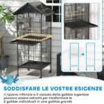 Voliera per Uccelli a Rotelle con Vassoi Estraibili in Plastica e Posatoi, in Metallo, 71,8x71,8x170,2 cm, Nero - immagine 7