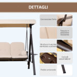 Dondolo 3 Posti con Tetto Regolabile, Portabicchieri e Cuscini, in Metallo e Poliestere, 208x121x172 cm, Beige - immagine 5