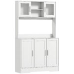 Mobile Dispensa con 4 Armadietti, 2 Ripiani Aperti e Piano da Lavoro, in Legno e Vetro, 108x35x180 cm, Bianco